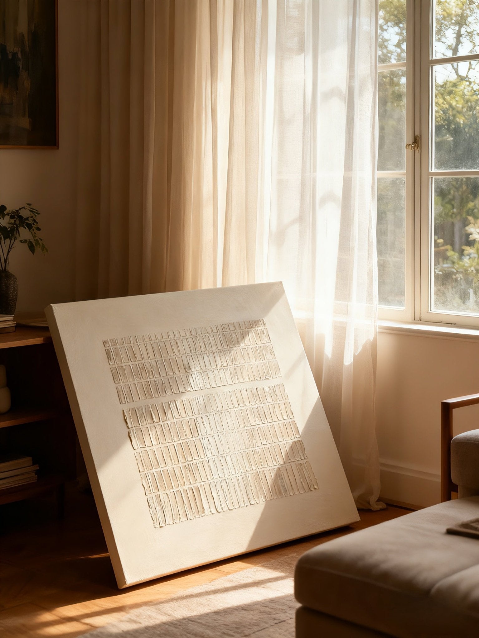 Silver textured wall art displayed in modern living room, showcasing Wabi-Sabi aesthetic in home decor