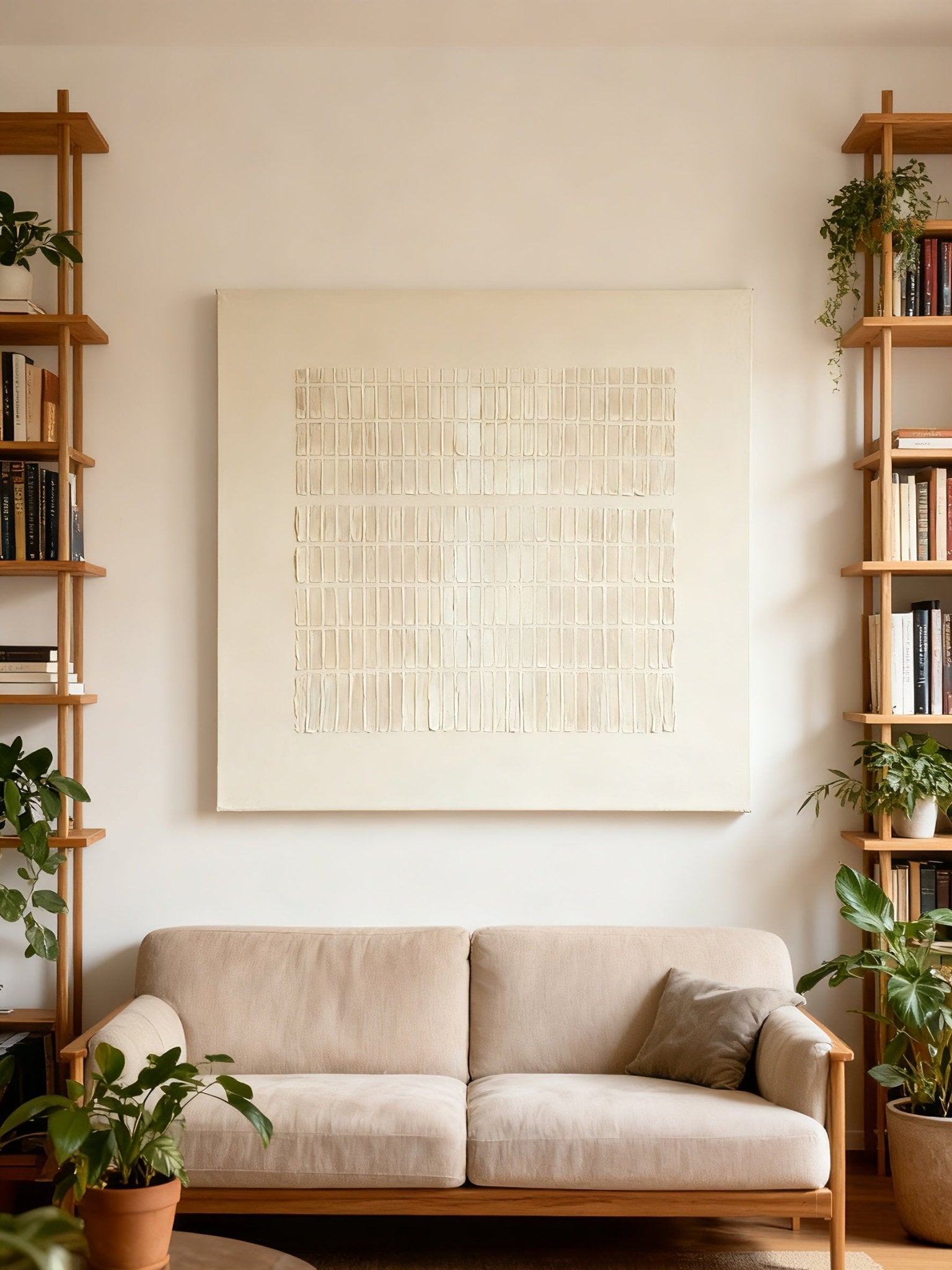 Silver textured wall art displayed in modern living room, showcasing Wabi-Sabi aesthetic in home decor