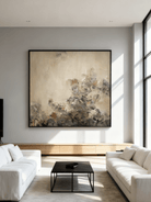 Wabi-Sabi style hand-painted oil painting of a single flower on a heavily textured and weathered wall, minimalist canvas art