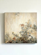 Wabi-Sabi style hand-painted oil painting of a single flower on a heavily textured and weathered wall, minimalist canvas art.