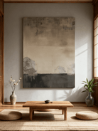 The camera captured the effect of the wabi-sabi style abstract painting in the living room.