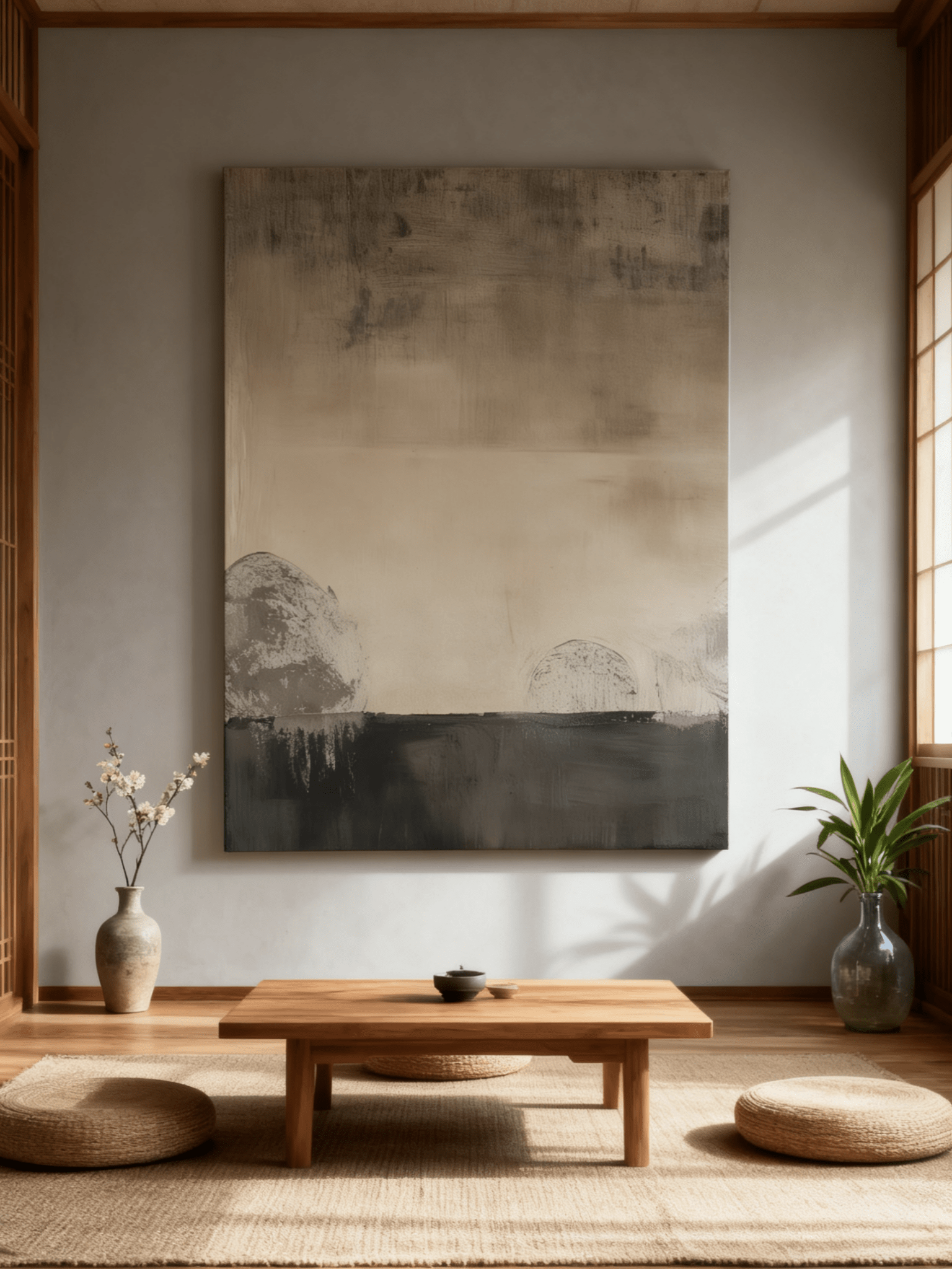 The camera captured the effect of the wabi-sabi style abstract painting in the living room.
