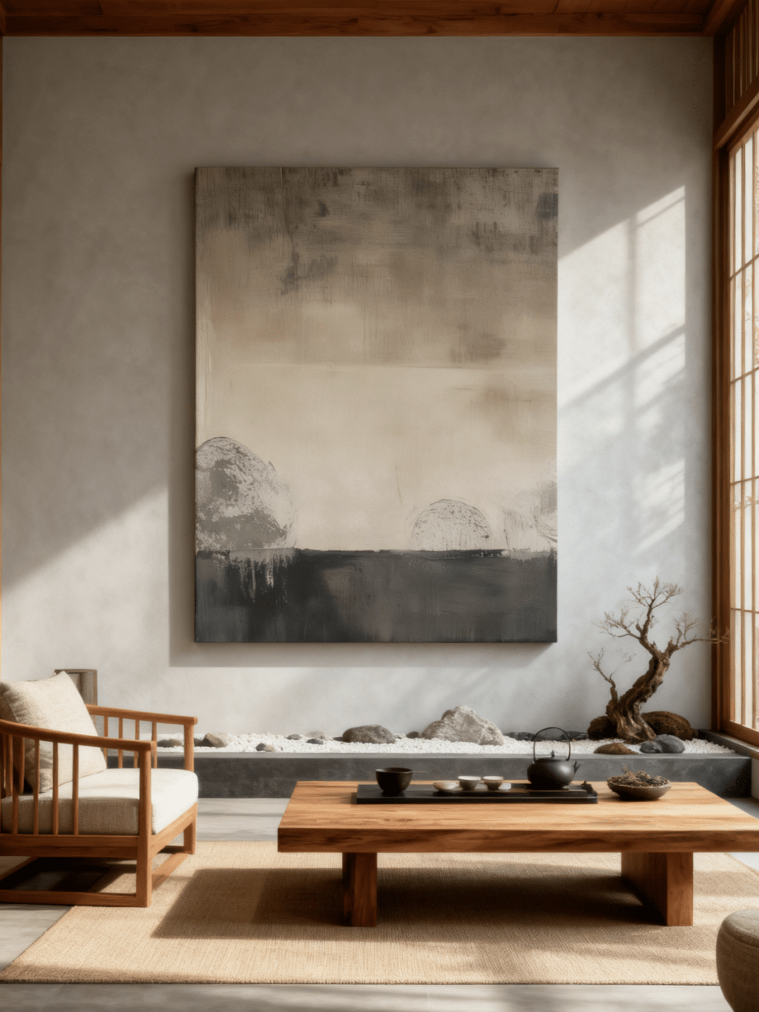 The camera captured the effect of the wabi-sabi style abstract painting in the living room.