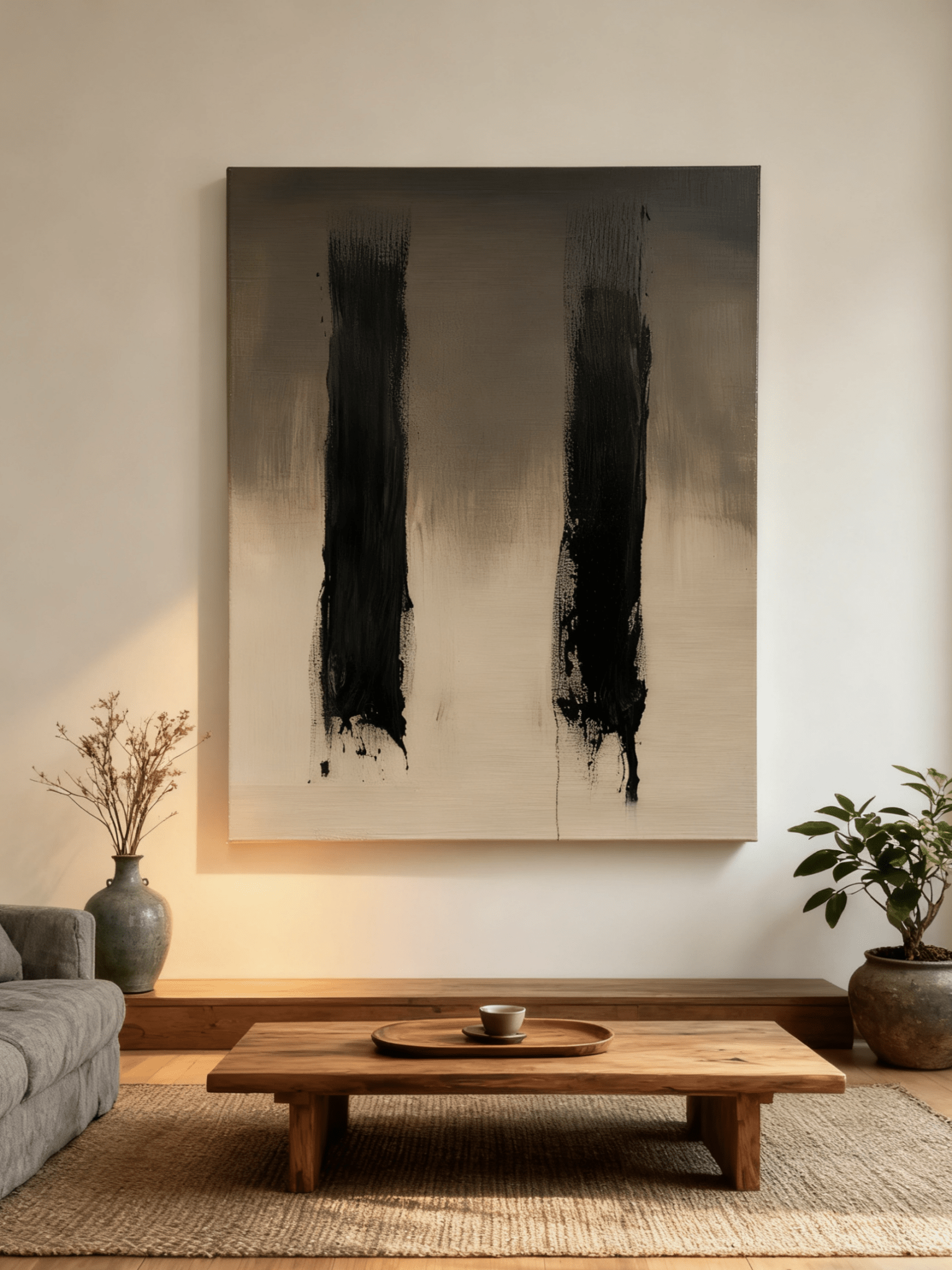Wabi-Sabi abstract wall art displayed in modern living room interior, showing how the textured painting complements contemporary decor