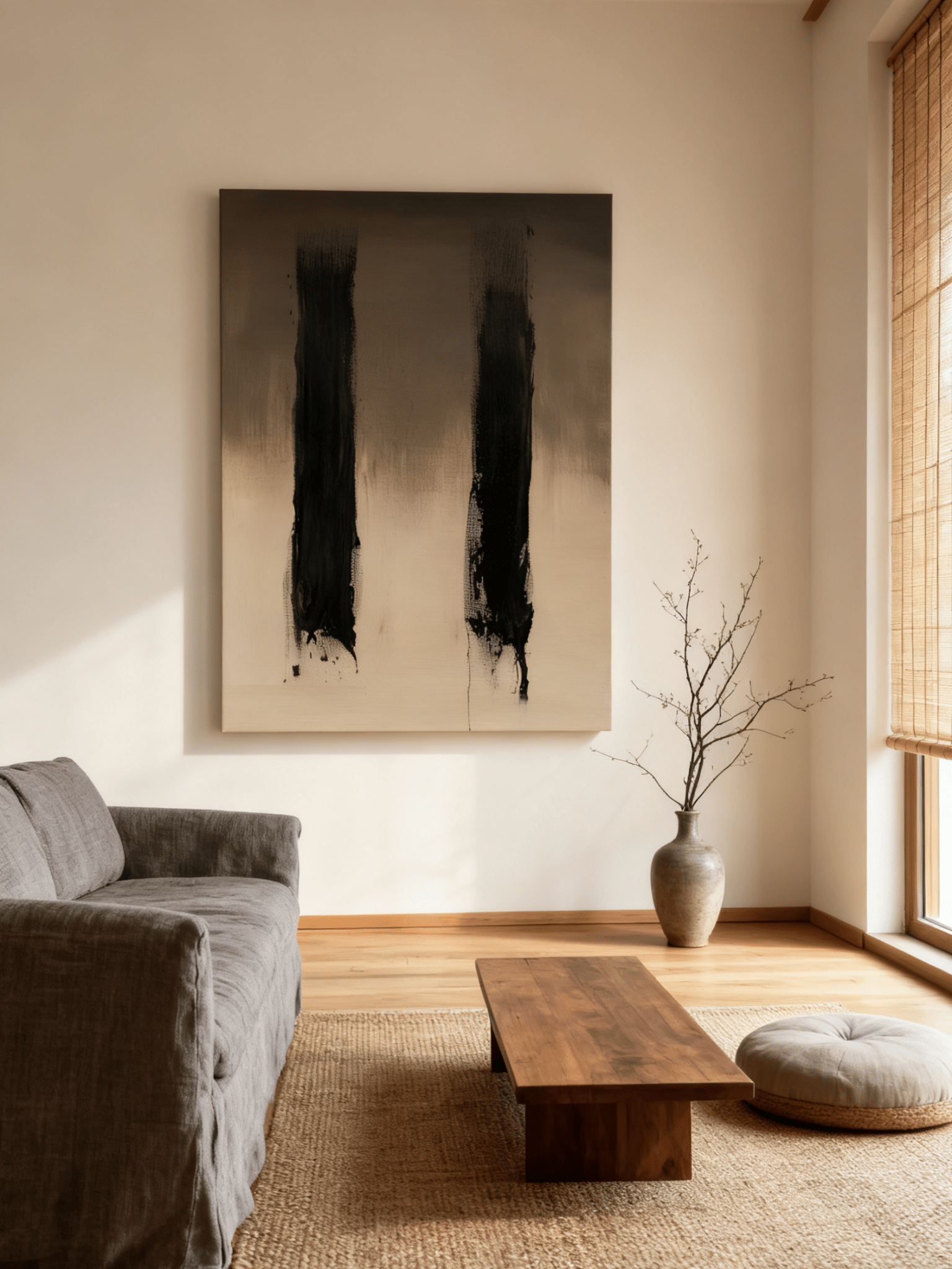 Wabi-Sabi abstract wall art displayed in modern living room interior, showing how the textured painting complements contemporary decor