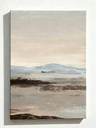 Abstract Wabi-Sabi landscape painting with river and mountains on pure color background, hand-painted textured canvas ar