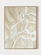 Large 100% hand-painted modern organic abstract canvas painting with fluid ivory white lines over a warm beige and oatmeal background by Seraphina Rose for bedroom wall decor.