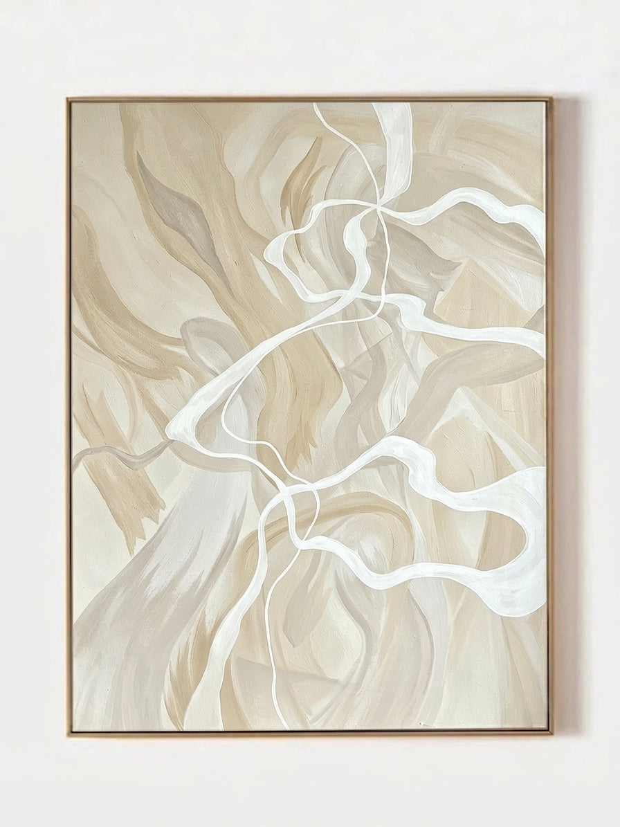 Large 100% hand-painted modern organic abstract canvas painting with fluid ivory white lines over a warm beige and oatmeal background by Seraphina Rose for bedroom wall decor.