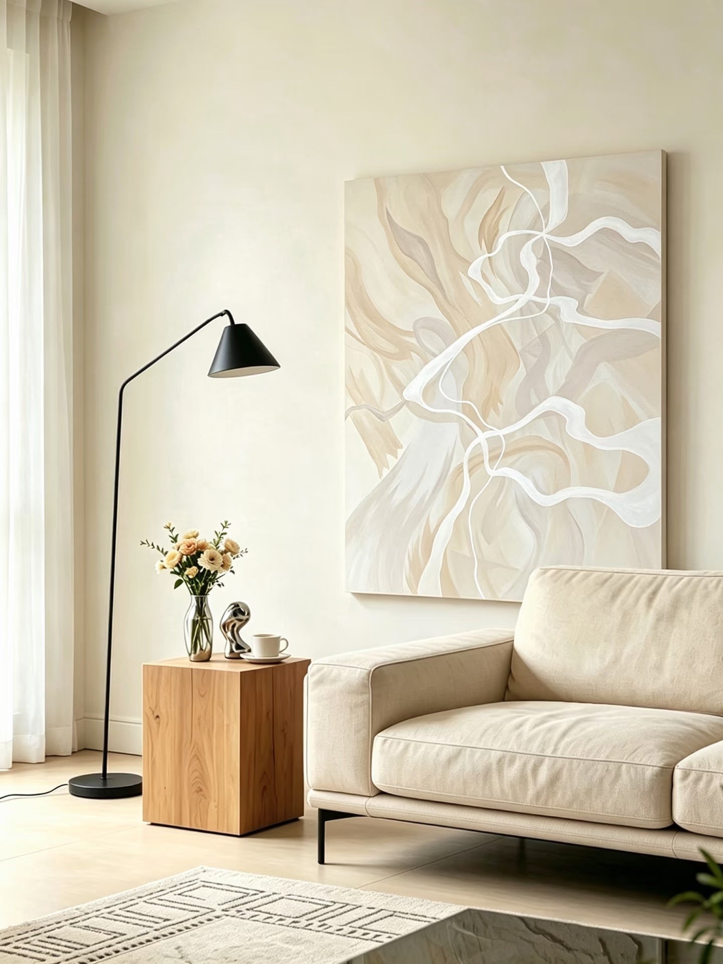 Large 100% hand-painted modern organic abstract canvas painting with fluid ivory white lines over a warm beige and oatmeal background by Seraphina Rose for bedroom wall decor.