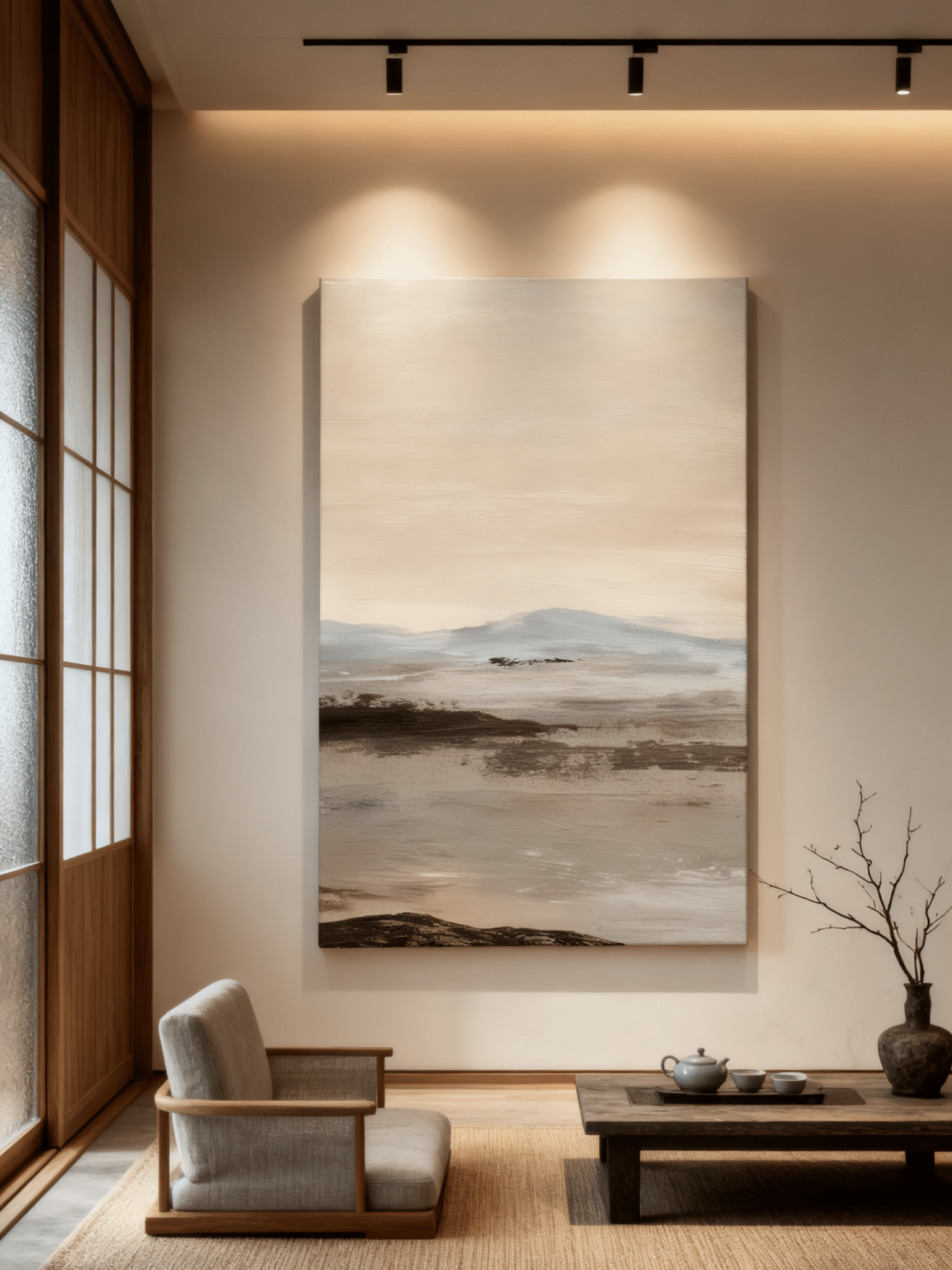 Wabi-Sabi abstract landscape wall art displayed in a modern living room, showcasing how the painting enhances home decor