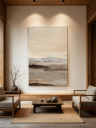Wabi-Sabi abstract landscape wall art displayed in a modern living room, showcasing how the painting enhances home decor