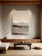 Wabi-Sabi abstract landscape wall art displayed in a modern living room, showcasing how the painting enhances home decor