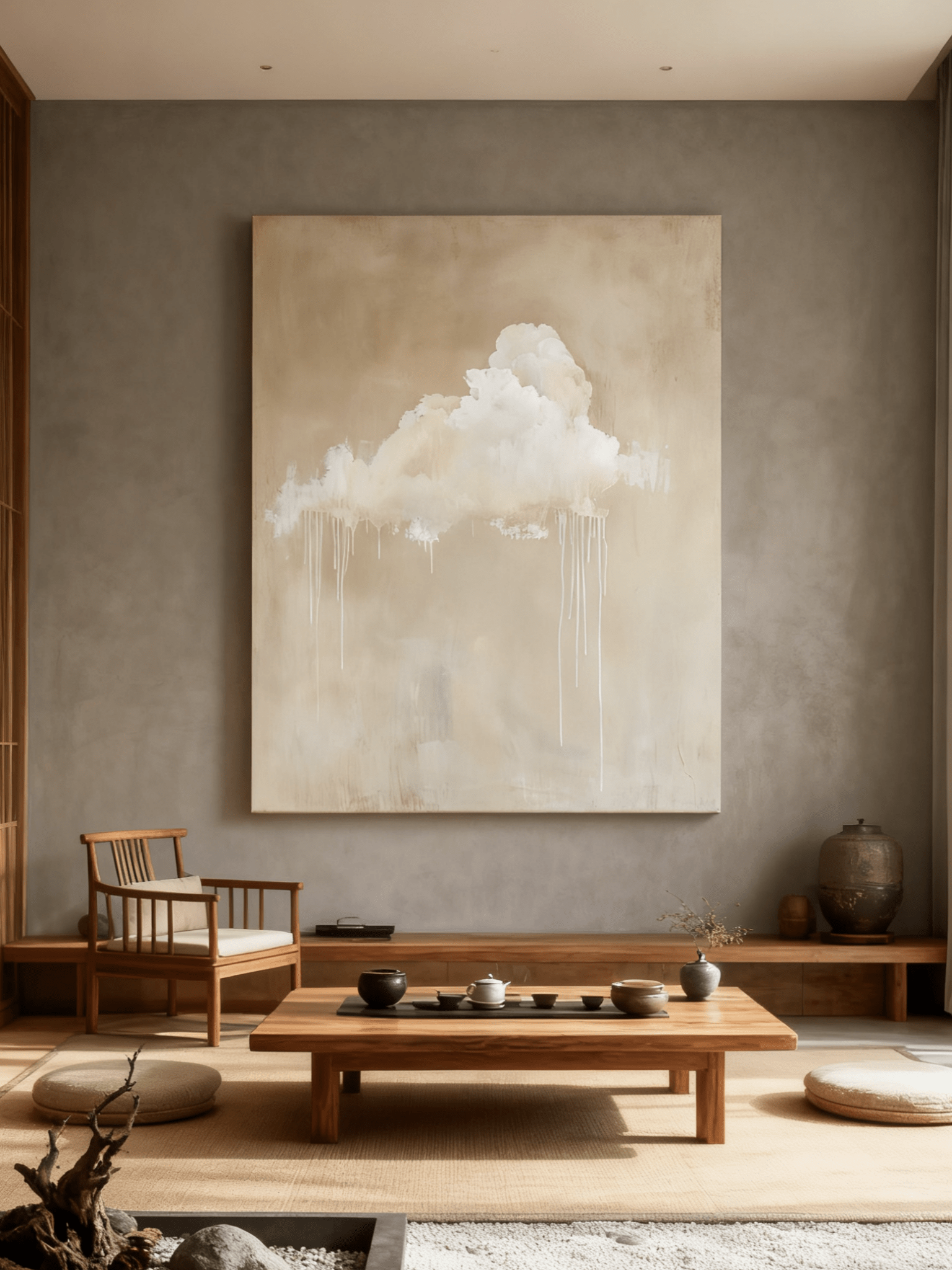 Minimalist cloud wall art displayed in a modern living room, showing how the painting enhances neutral home decor
