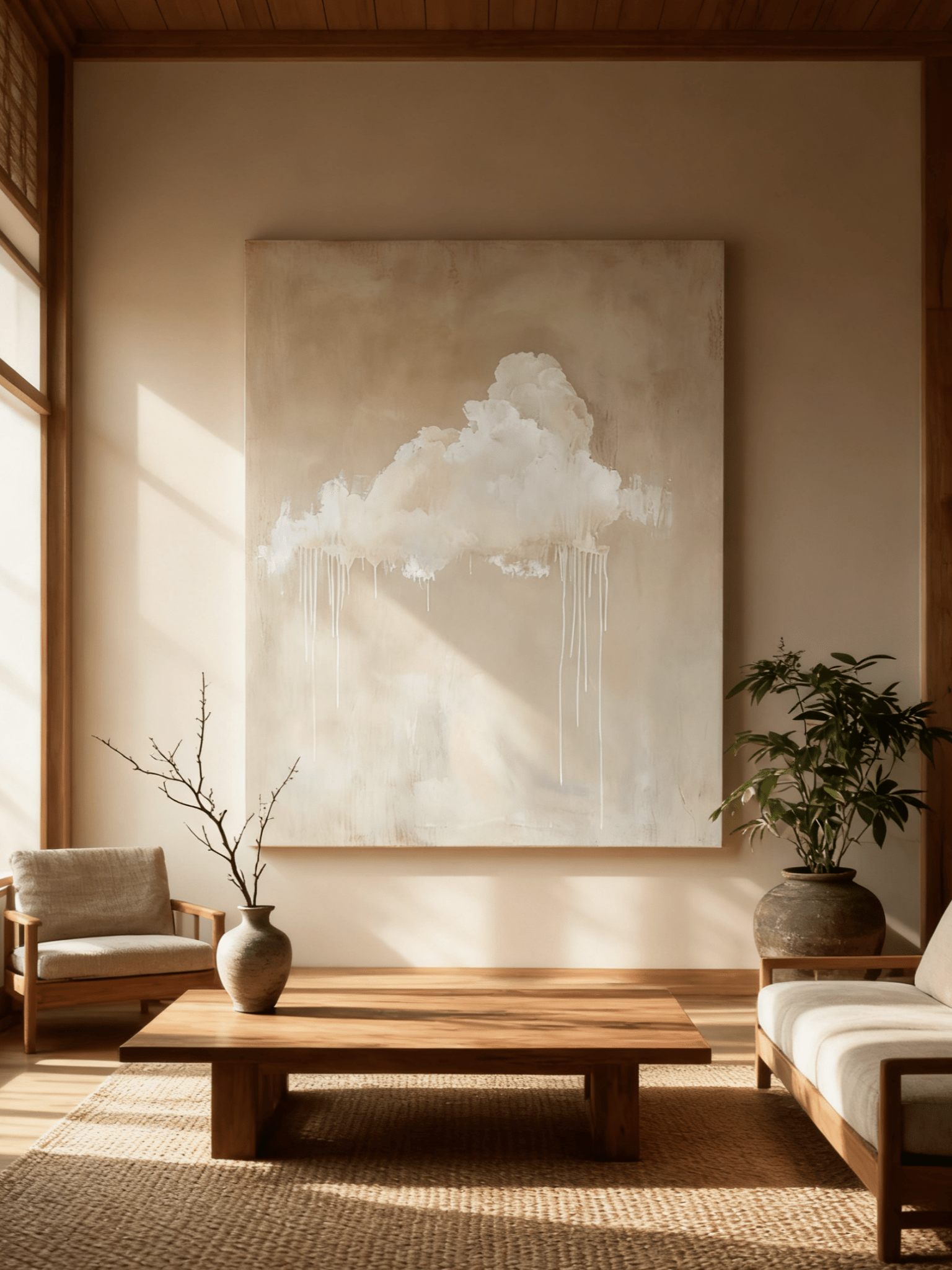 Minimalist cloud wall art displayed in a modern living room, showing how the painting enhances neutral home decor