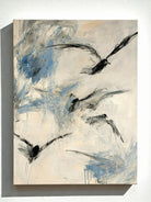 Abstract Wabi-Sabi flying geese painting on pure color background, hand-painted textured canvas art with minimalist bird theme