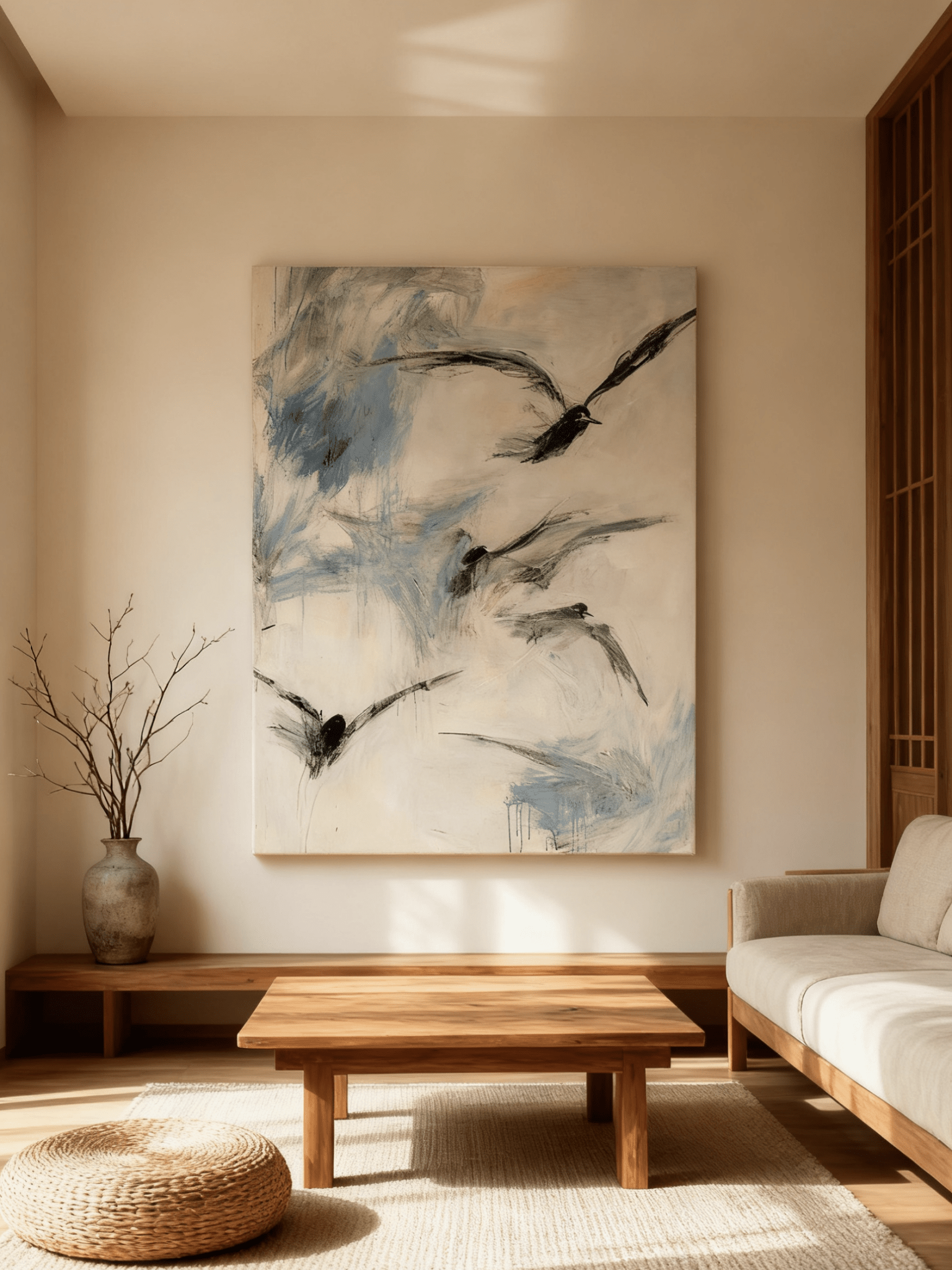 Minimalist flying geese wall art displayed in a modern living room, showing how the painting enhances neutral home decor