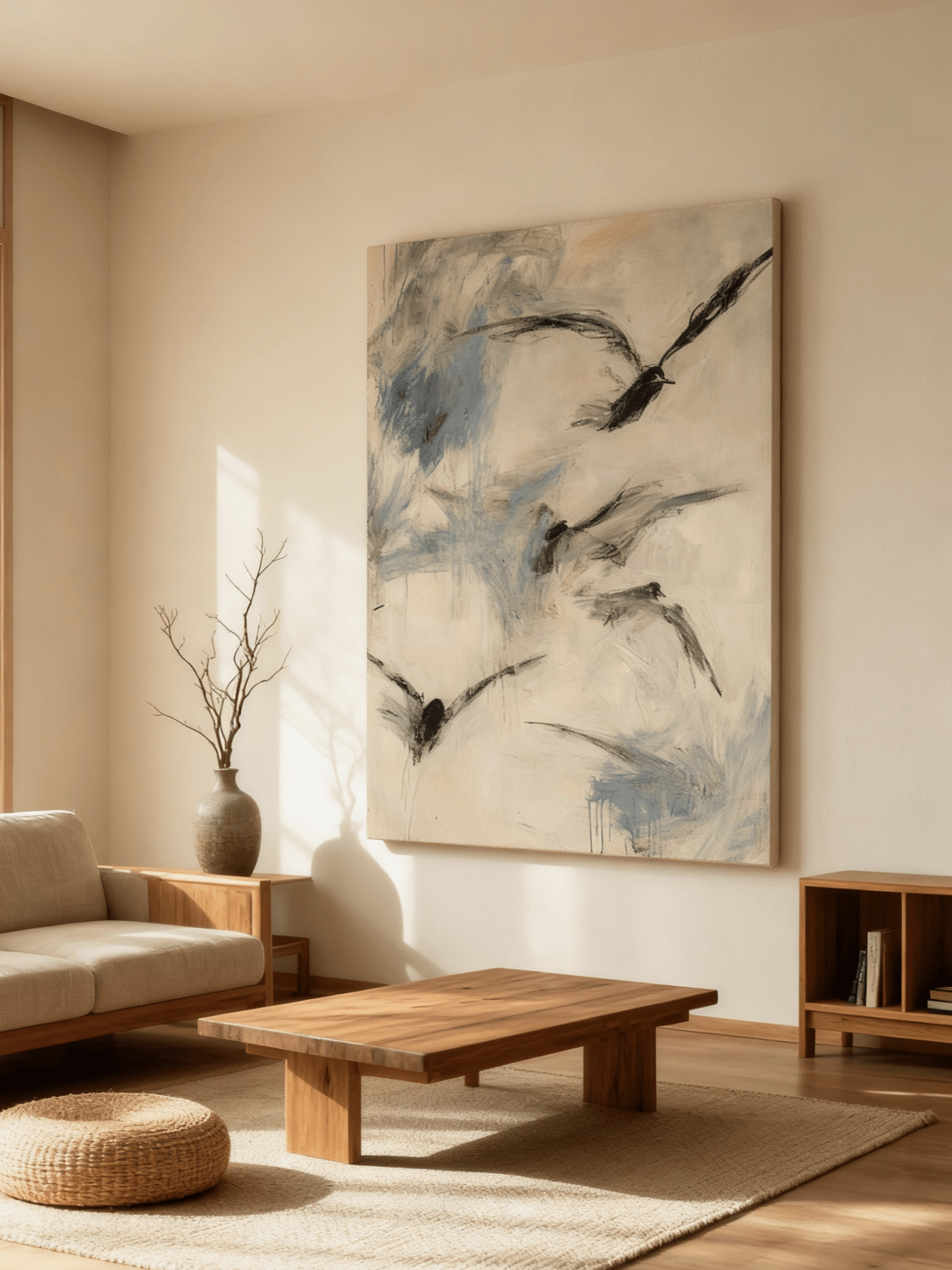 Minimalist flying geese wall art displayed in a modern living room, showing how the painting enhances neutral home decor