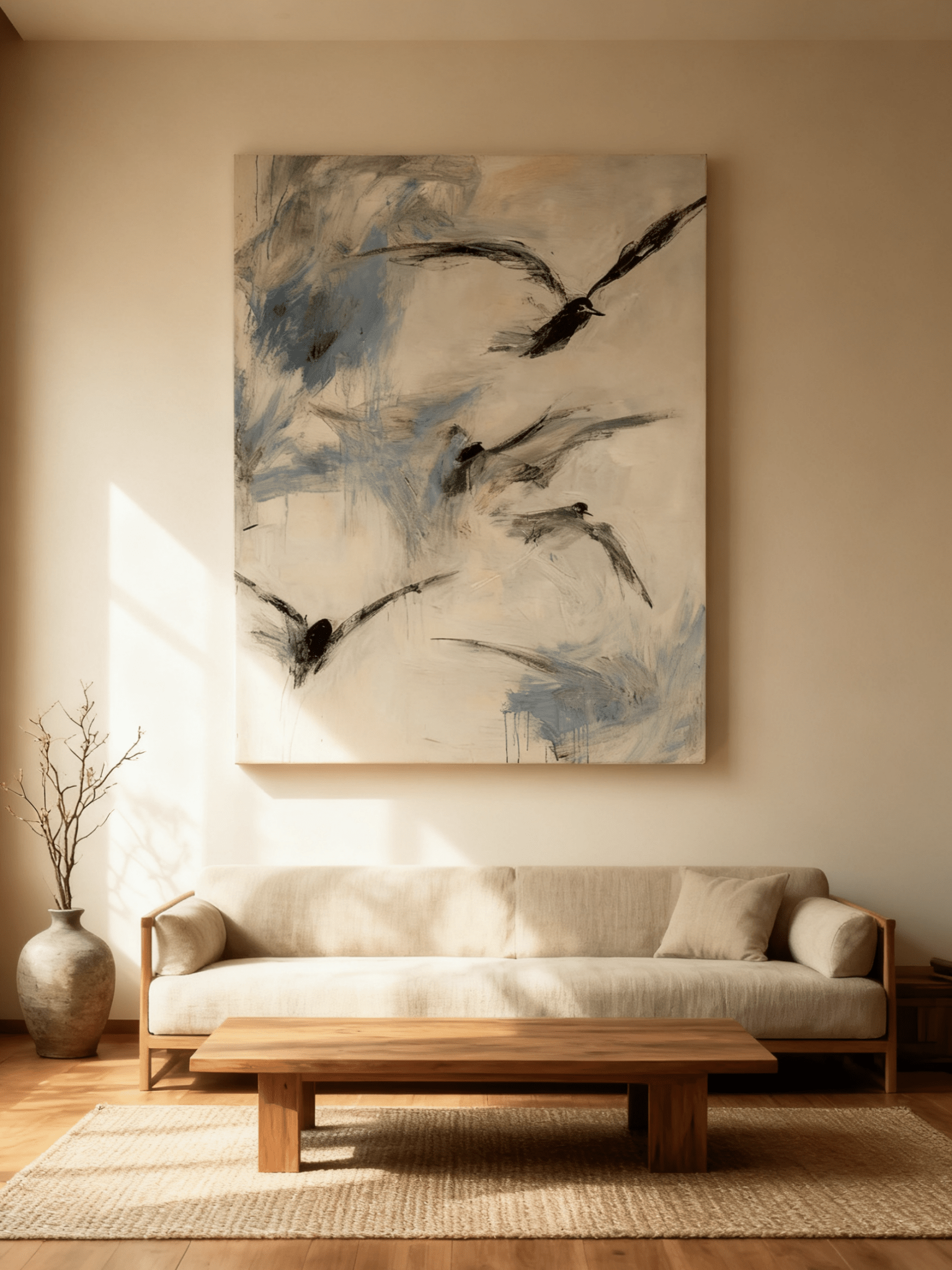 Minimalist flying geese wall art displayed in a modern living room, showing how the painting enhances neutral home decor