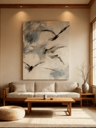 Minimalist flying geese wall art displayed in a modern living room, showing how the painting enhances neutral home decor