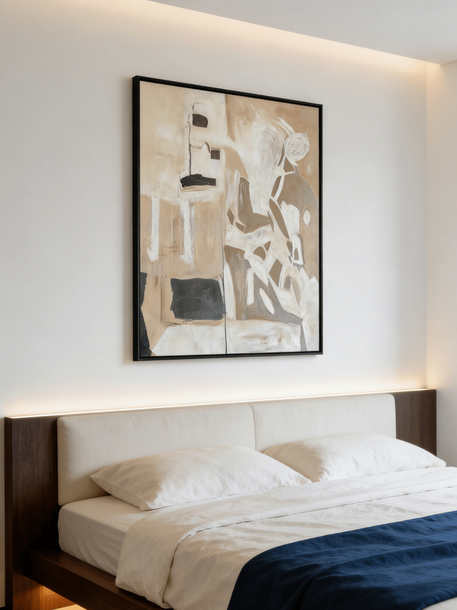 Large vertical hand-painted abstract female figure painting in neutral earth tones (sand, beige, black) , styled in a modern minimalist living room.