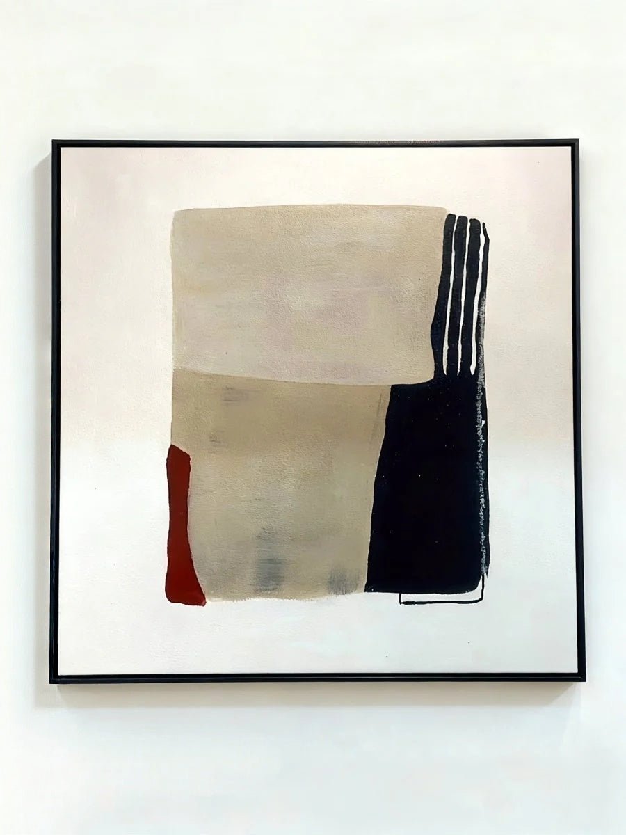 Large square hand-painted minimalist abstract oil painting featuring beige and black color blocks with a red accent