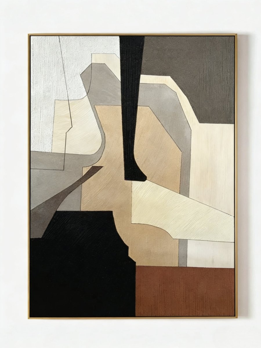 hand-painted geometric abstract oil painting on canvas, heavy texture in brown, black, and beige, modern wall art for living room decor.