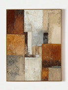 Close-up of 3D heavy textured abstract oil painting in burnt orange, ochre, and grey by Seraphina Rose for modern living room decor.