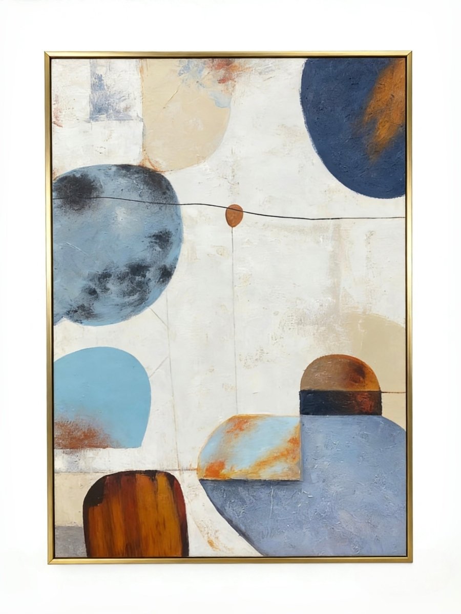 Hand-painted modern organic abstract painting featuring blue and brown geometric shapes with thick texture in a gold floater frame.