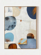 Hand-painted modern organic abstract painting featuring blue and brown geometric shapes with thick texture in a gold floater frame.