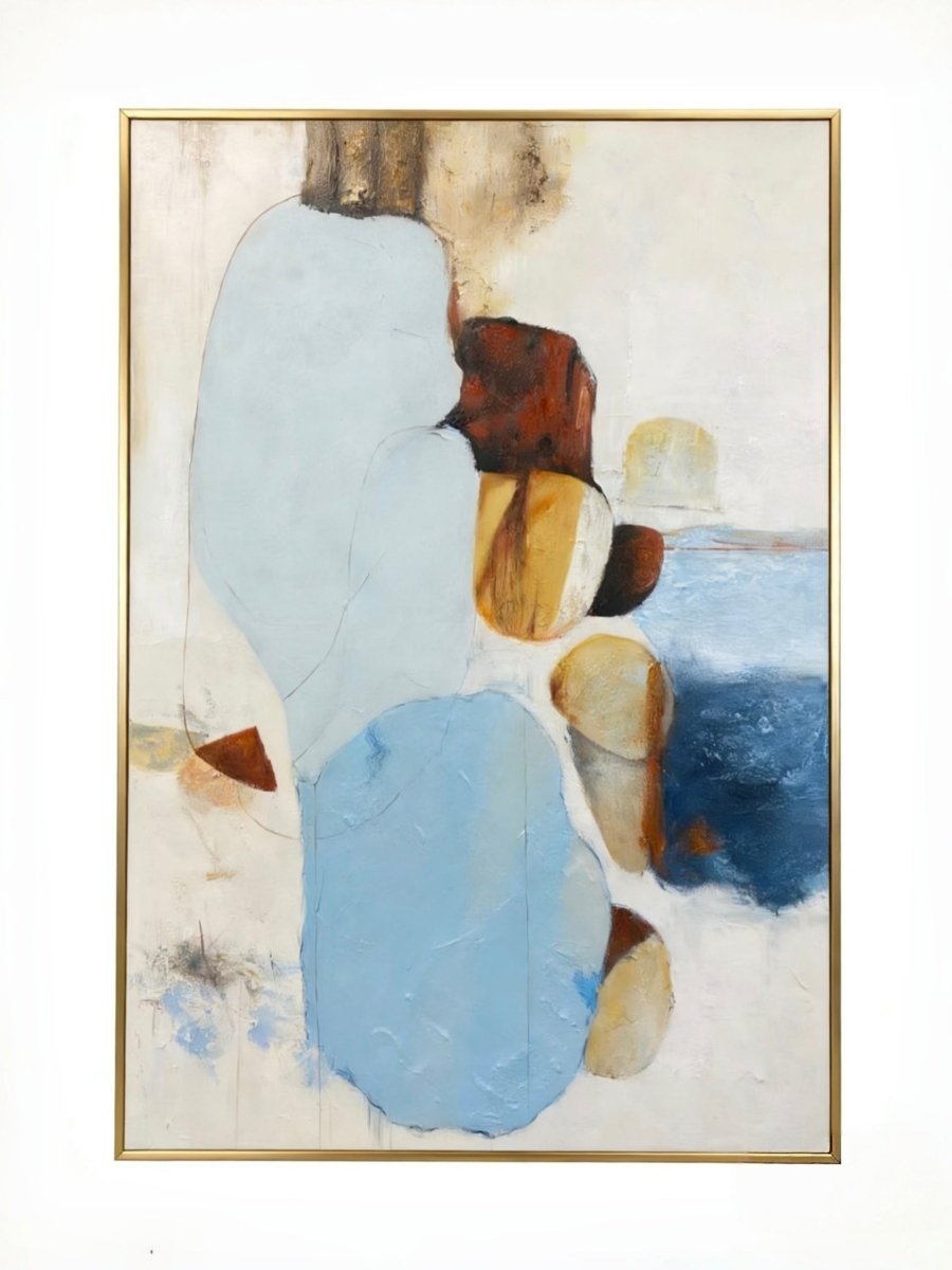 Hand-painted modern organic abstract painting featuring blue and brown stone-like shapes with heavy impasto texture in a gold frame.