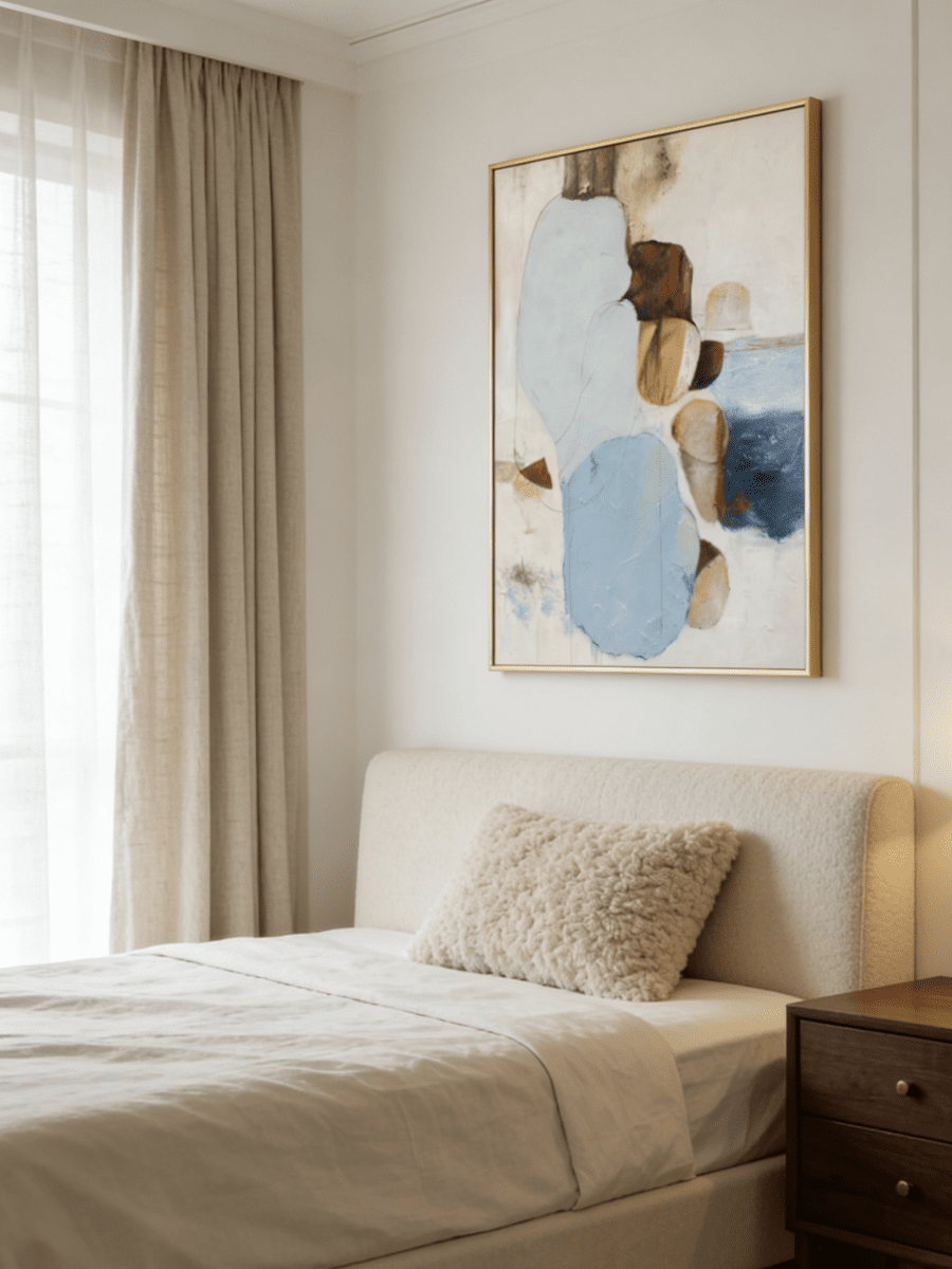 Hand-painted modern organic abstract painting featuring blue and brown stone-like shapes with heavy impasto texture in a gold frame.