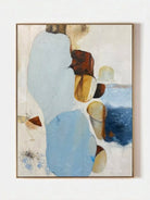 Hand-painted modern organic abstract painting featuring blue and brown stone-like shapes with heavy impasto texture in a gold frame.