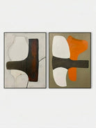 A pair of large vertical abstract paintings with a horizontal dark textured band and orange and white geometric shapes.