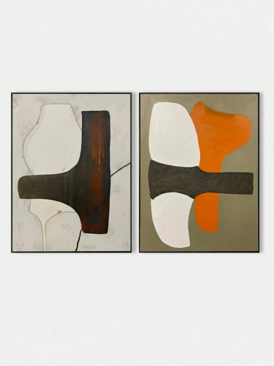 A pair of large vertical abstract paintings with a horizontal dark textured band and orange and white geometric shapes.