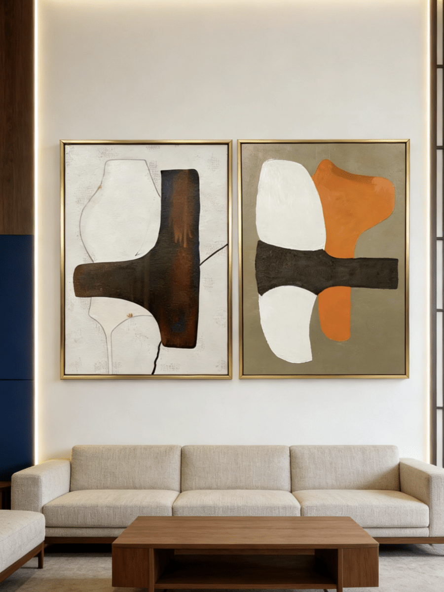 A pair of large vertical abstract paintings with a horizontal dark textured band and orange and white geometric shapes.