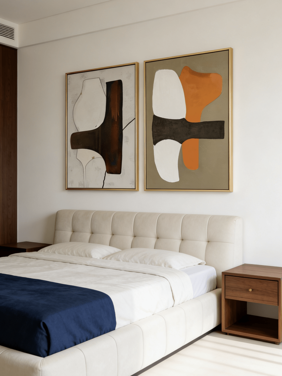 A pair of large vertical abstract paintings with a horizontal dark textured band and orange and white geometric shapes.