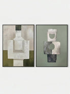 A pair of large vertical abstract paintings with geometric totem-like shapes in sage green, olive, and beige with visible heavy texture.