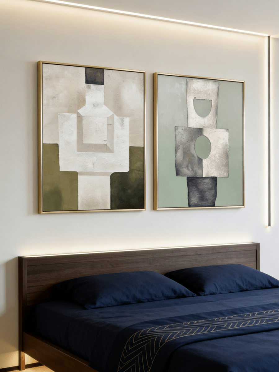 A pair of large vertical abstract paintings with geometric totem-like shapes in sage green, olive, and beige with visible heavy texture.