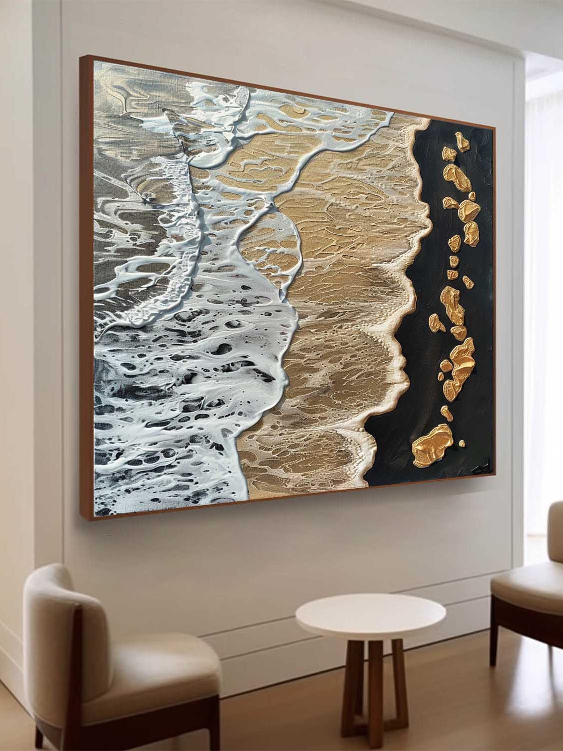 A large square 3D textured white abstract painting with sculpted gold leaf curves by Leo Liang, hung in a modern minimalist living room.