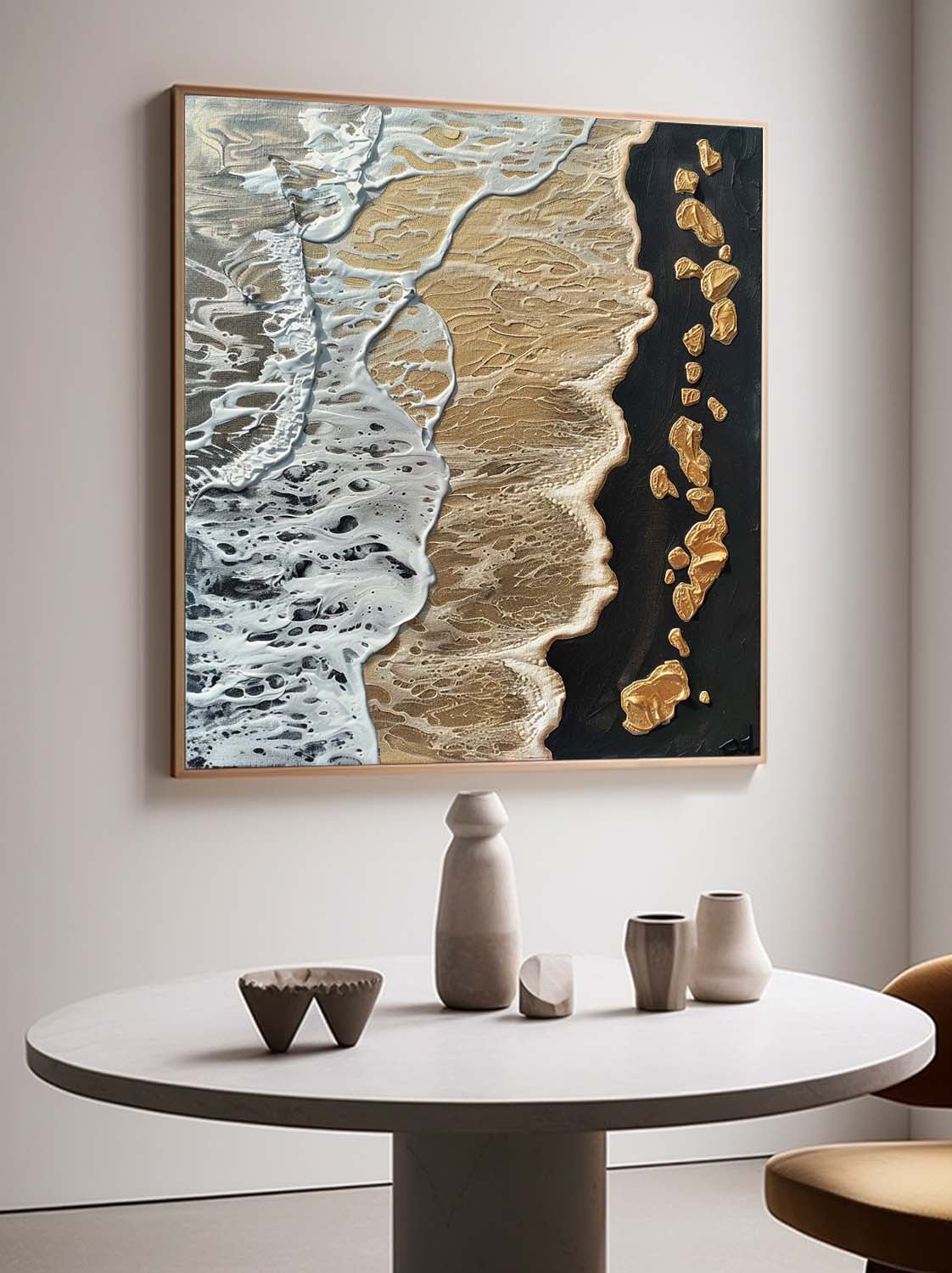 A large square 3D textured white abstract painting with sculpted gold leaf curves by Leo Liang, hung in a modern minimalist living room.