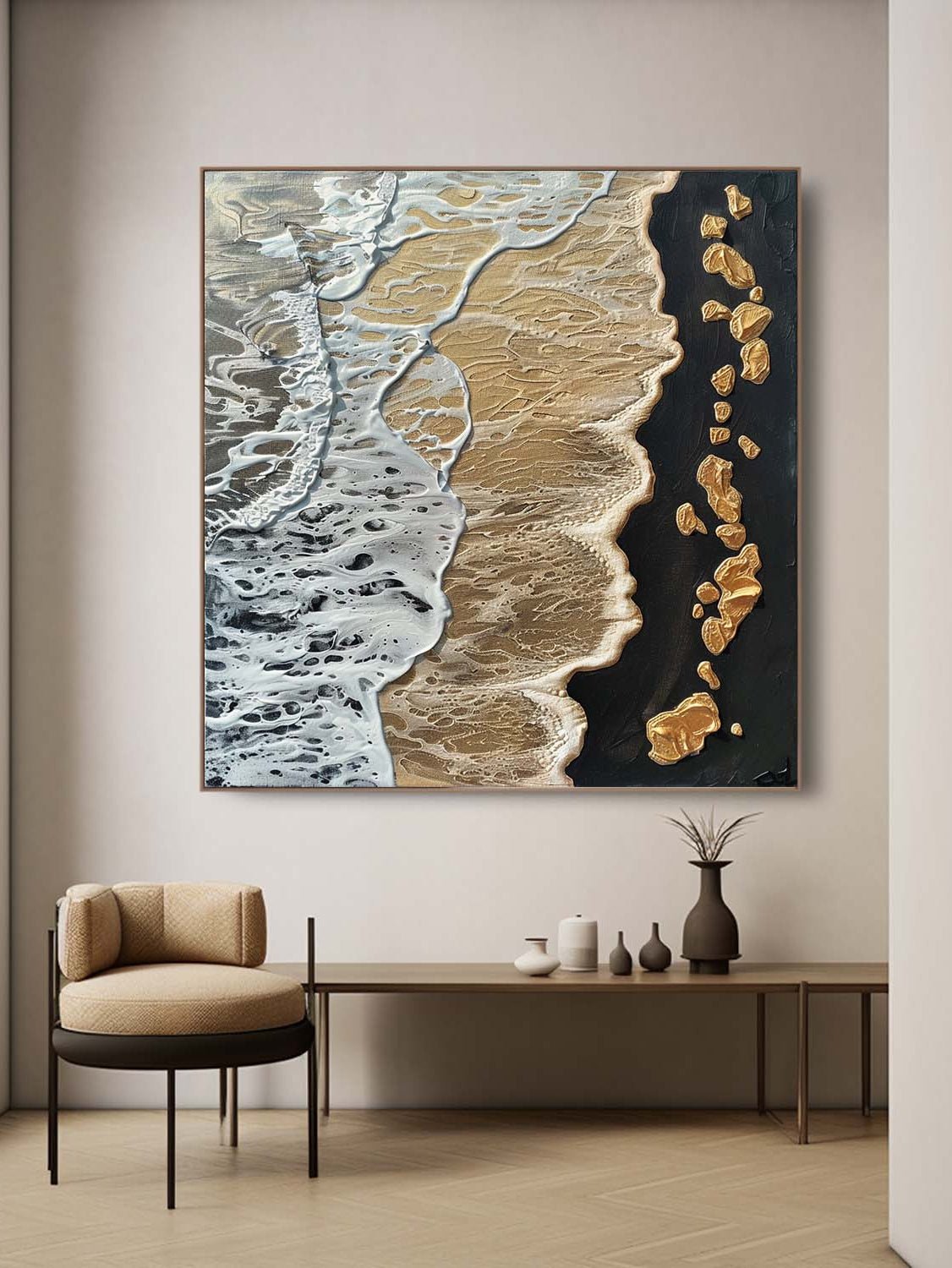 A large square 3D textured white abstract painting with sculpted gold leaf curves by Leo Liang, hung in a modern minimalist living room.