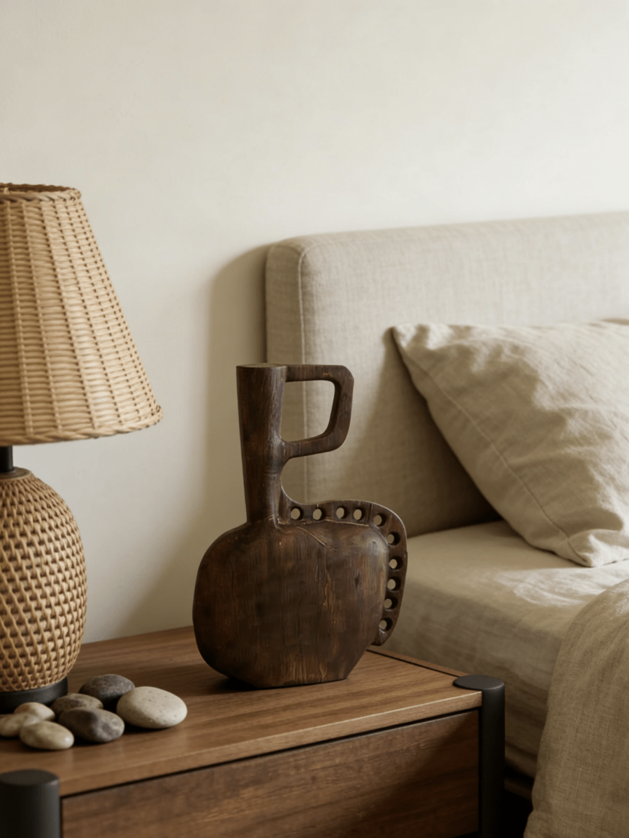 hand-carved modern primitive wood totem sculpture with dark walnut finish and hole details, large abstract wooden art for living room decor.