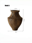 hand-carved Wabi-Sabi natural wood vase with metallic stitch accents, primitive rustic wooden sculpture for minimalist console decor.