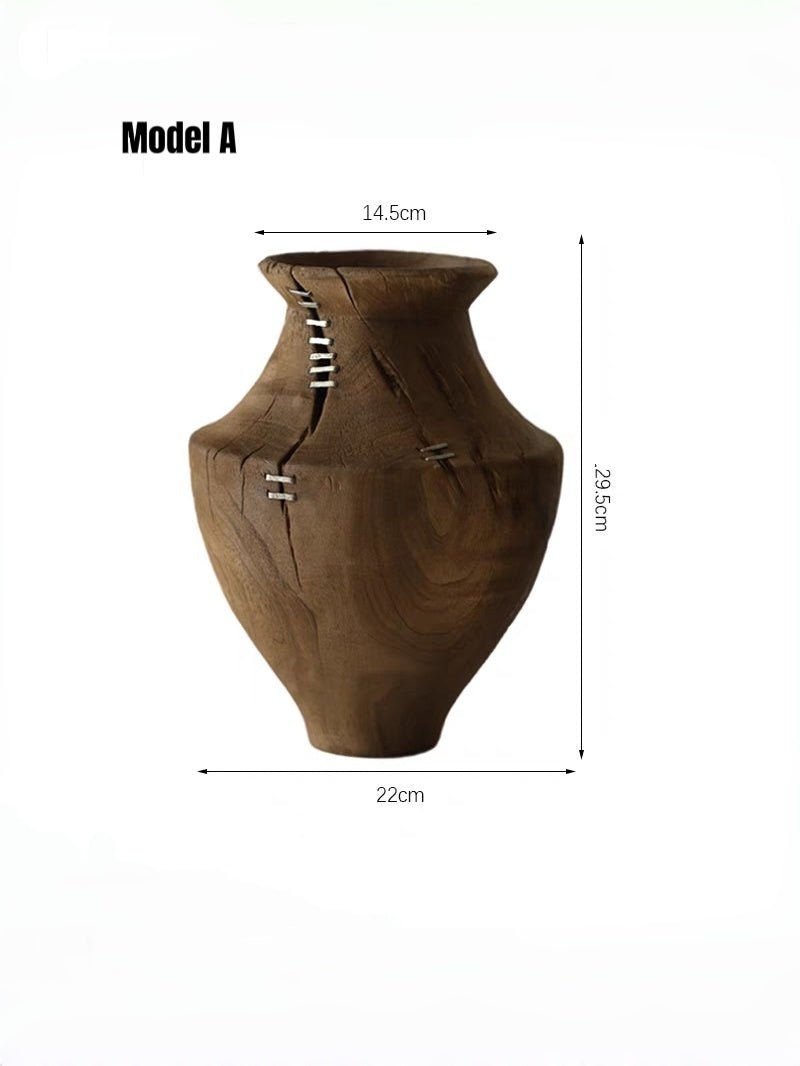 hand-carved Wabi-Sabi natural wood vase with metallic stitch accents, primitive rustic wooden sculpture for minimalist console decor.