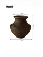 hand-carved Wabi-Sabi natural wood vase with metallic stitch accents, primitive rustic wooden sculpture for minimalist console decor.