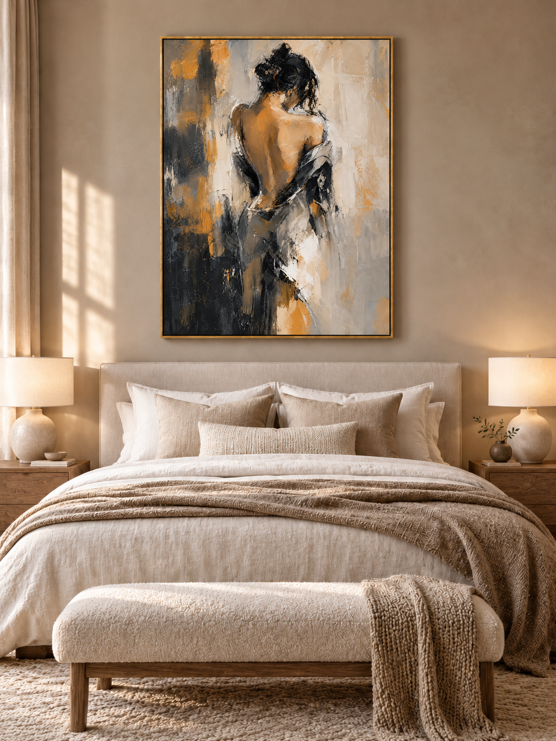 Expressive woman wall art in black, beige and ochre tones displayed in a sophisticated modern bedroom.
