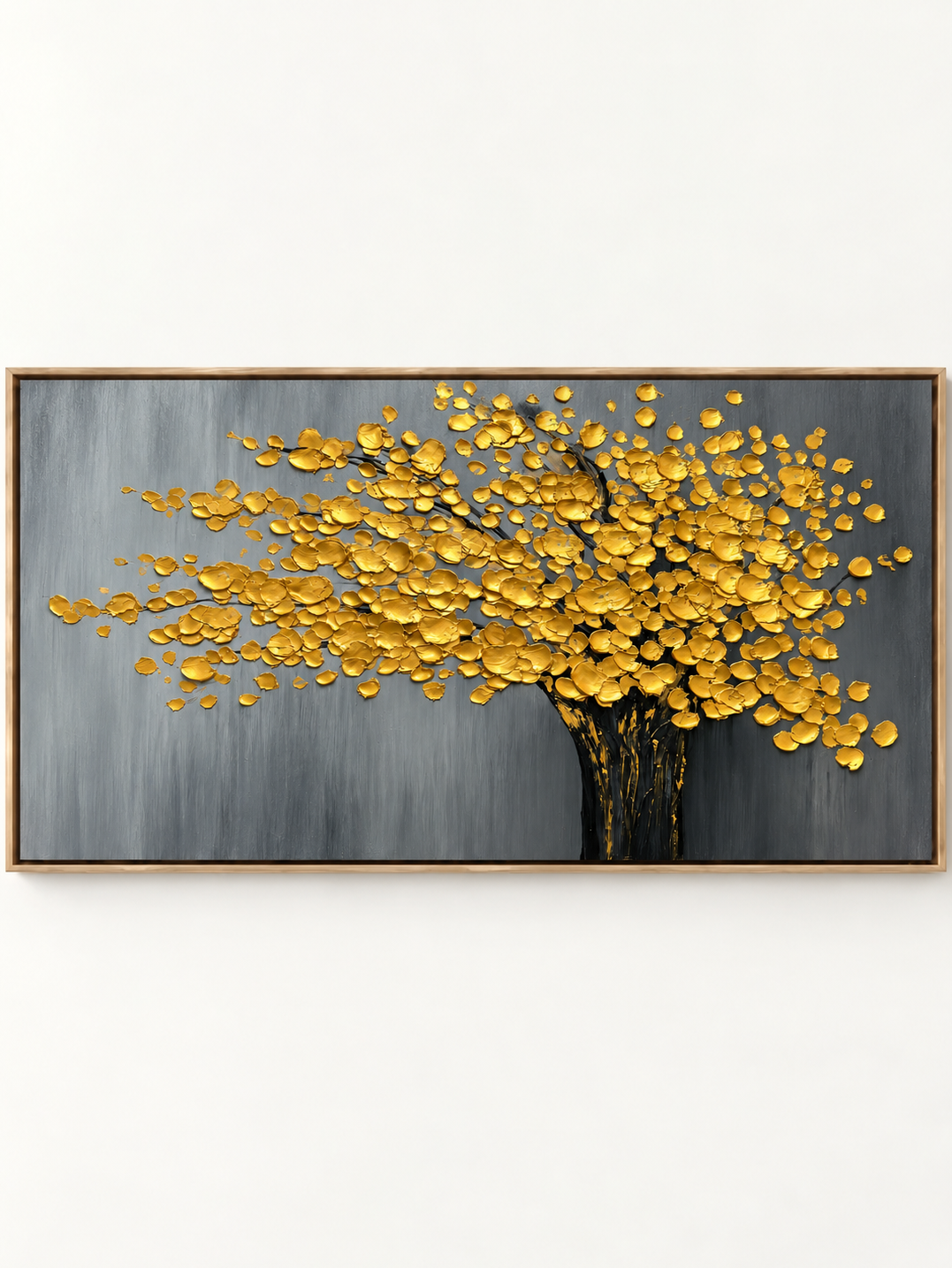Hand-painted textured golden tree canvas painting with raised gold leaves and a charcoal gray background by Maya Lin.