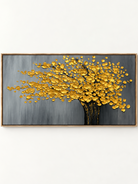 Hand-painted textured golden tree canvas painting with raised gold leaves and a charcoal gray background by Maya Lin.