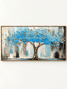 Hand-painted textured blue Tree of Life canvas painting with turquoise leaves and gold accents by Maya Lin.
