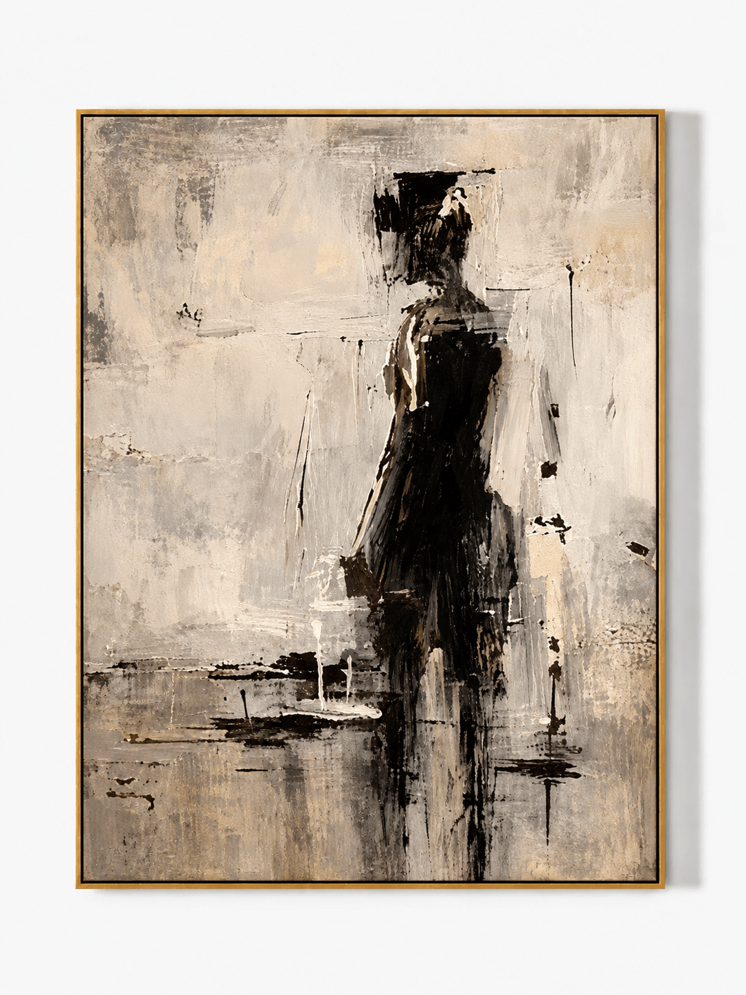 Hand-painted minimalist abstract woman in a black dress with ivory, beige and warm gray tones by Eleanor Hayes.